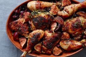 Thomasina Miers’ recipe for roast chicken legs with sticky figs, red onions and oloroso vinegar