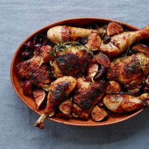 Thomasina Miers’ recipe for roast chicken legs with sticky figs, red onions and oloroso vinegar